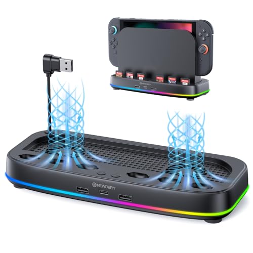 NEWDERY Ventoinha compatível com Nintendo Switch 2, espaço para 6 cartões de jogo e 3 saídas USB, refrigerador Switch 2 com iluminação RGB, ventilador duplo de 3 velocidades