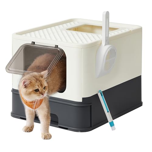 Feandrea Areia para gatos, caixa de areia com bandeja removível, pá, escova, espaço para gatos grandes, carga de 15 kg, anti-filtração, anti-fugas, bege e preto PPT001W01