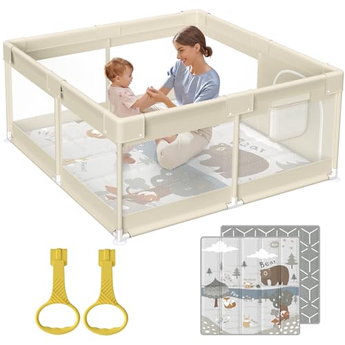Fodoss Parque infantil bebé, 120 x 120 cm modular e dobrável, bege corredor com design infantil, este pequeno pequeno é perfeito para casa - bege