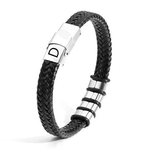 SAMINO Couro preto 26 pulseiras de aço inoxidável de primeira letra para homens pulseiras pendentes de letra A - Z pulseiras de tecido presentes para marido pai filho namorado tio