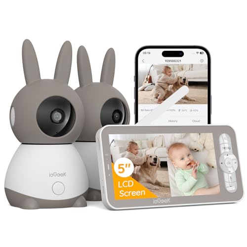 ieGeek 3MP Câmaras de vigilância para bebé com 2 câmaras, monitor de bebé com câmara de 5" ecrã dividível, controlo remoto de telemóvel de 355° PTZ, rastreamento automático, deteção de jantar, áudio