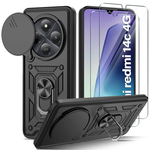Guisessy Capa para Xiaomi Redmi 14C/14 C/Poco C75 4G Armor capa capa de câmara deslizante para proteger com 2 pacotes de vidro temperado protetor, com 360 anel de suporte PC e silicone TPU Case, preto