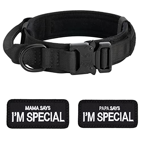 Coleira tática grande para cão pastor alemão médio e grande - durável com alça e 2 adesivos, preto, XL