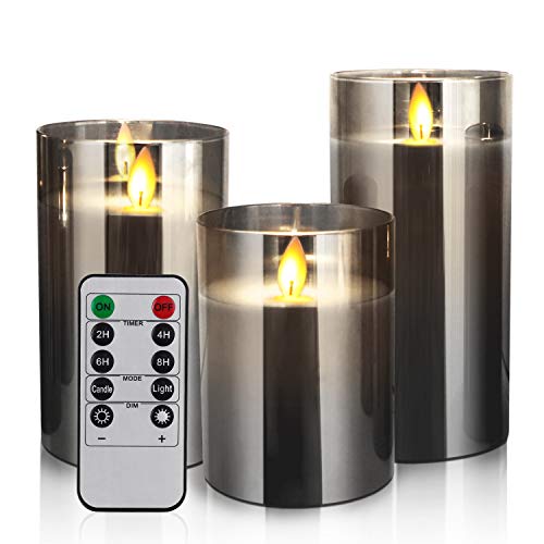 YMing Velas LED sem chama, funcionam com pilhas, velas cintilantes de cera real, conjunto de velas elétricas, com efeito de vidro dourado com temporizador remoto, embalagem de 3 unidades (cinzento)