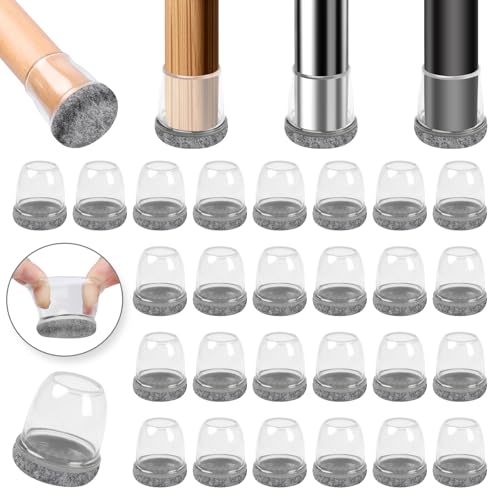 Ezprotekt Protetores de chão de silicone cinzento melhorados para pernas de cadeira, 13 - 20 mm capas de silicone 32 P com feltro embrulhado, capas para pernas de cadeira, protetores de pés de cadeira