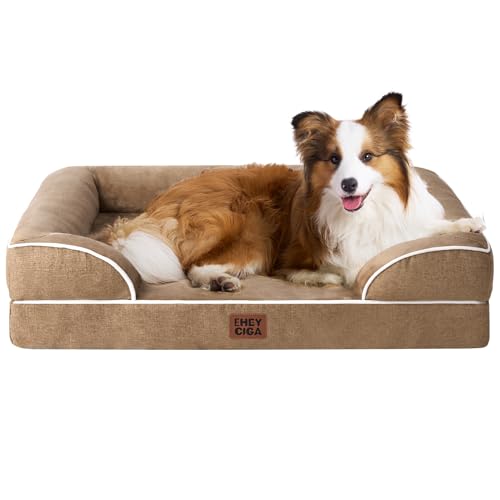 EHEYCIGA Cama cão grande 104 x 68 x 16 cm, colchão cão grande impermeável lavável com espuma viscoelástica, sofá cão removível, camelo