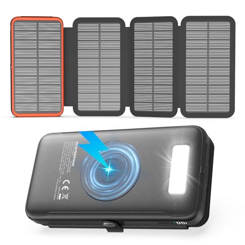 Carregador-Solar-Power-Bank-27000 mAh - 22,5 W carregamento rápido USB-C bateria externa sem fios com 3 saídas USB PD 4.0 QC 3.0 e 4 painéis solares para smartphones tablets