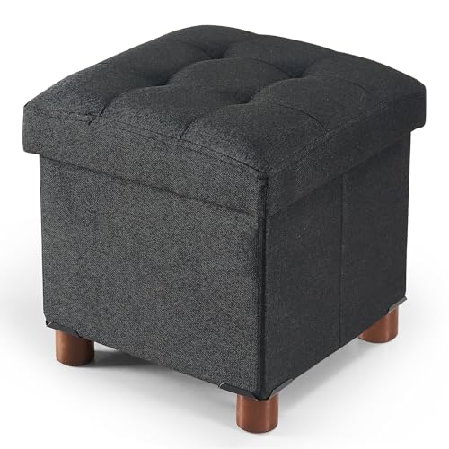 BRIAN & DANY Apoio para os pés sala de estar 32 x 32,5 cm, linho apoio para os pés sofá de armazenamento estofada em esponja com pernas de madeira maciça, preto