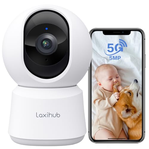 LAXIHUB 5MP Câmara de vigilância WiFi interior, 2,4/5 GHz câmara de vigilância doméstica WiFi, câmara para cães PTZ 355°, áudio bidirecional, IP câmara para animais de estimação compatível com Alexa