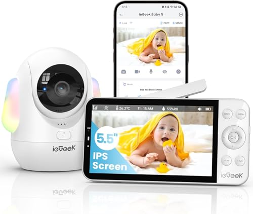 ieGeek 5,5" 2,5 K/4 MP Câmara de vigilância bebé WiFi, alerta de cara estofada e dormir boca abaixo, luz noturna colorida, 360 ° seguimento movimento monitor bebés com câmara, VOX, compatível Echo