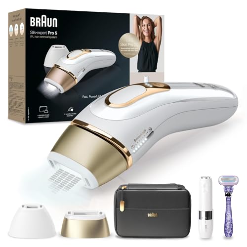 Braun Silk-expert Pro 5 Depiladora mulher / homem luz de pressão IPL, cabeça de precisão larga e máquina de barbear Vénus, alternativa à remoção a laser em casa, PL 5149, branco/dourado