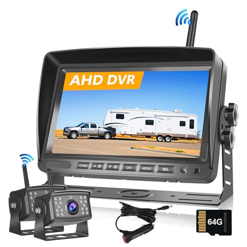 Hodozzy Câmara sem fios digitais DVR Monitor IPS de 7 polegadas AHD 2 câmaras com SD 64 GB, câmara de visão dianteira/traseira câmara sem fio de visão noturna impermeável 12 V - 36 V