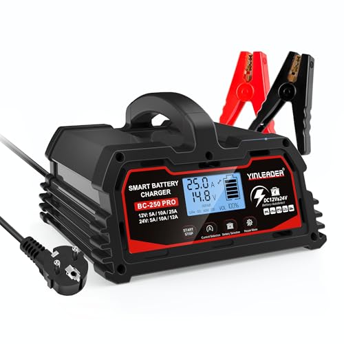 Yinleader Carregador de bateria para carro 25A 12V/24V 12A/10A/5A carregador de bateria para carro carregador inteligente com ecrã LCD, para 12 V LiFePO4 - preto