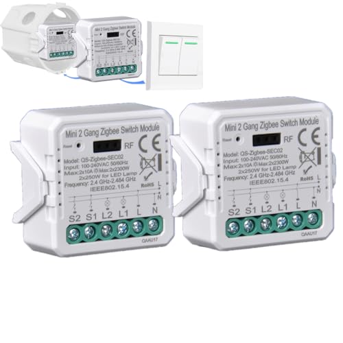 Interruptor de relé zigbee mini módulo 2gang sem fios RF 433 MHz sua / controlo de vida inteligente, interruptor de luz inteligente compatível com Alexa e Google Home,