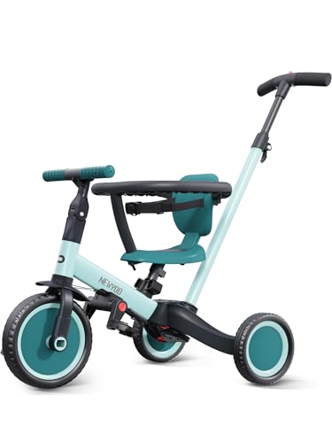 newyoo Triciclo 4 em 1 para crianças de 1 ano a 3 anos, bicicleta com pedais removíveis e assento ajustável, bicicletas de equilíbrio com haste de empurrar orientável, azul