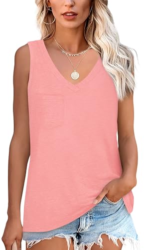 NONSAR T-shirt básica de verão sem mangas para mulher. T-shirt elástica com decote em V e bolso, t-shirt interior confortável de estilo casual