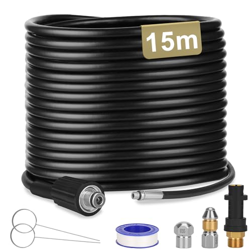 Ajiteogy Desbloqueador de tubos de pressão de 15 m, compatível com Kärcher e as séries de alta pressão Kärcher K2-K7/HDS, kit de mangueira para limpeza de tubos
