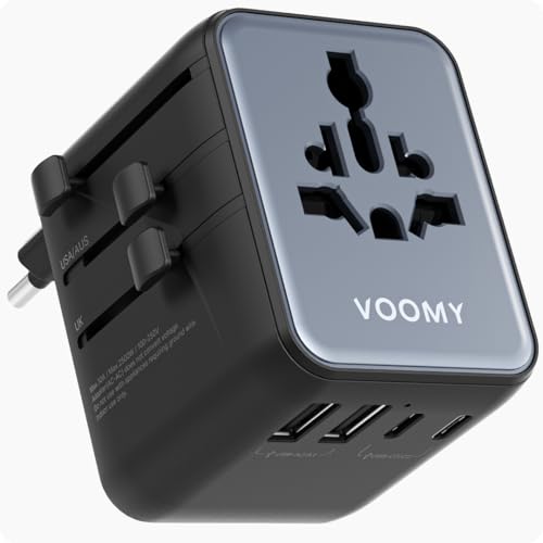 Voomy Adaptador de viagem universal - adaptador de tomada universal para 170 países, 3 USB-C 28 W 2 USB-A | adaptador de tomada tipo A C G I, com proteção contra picos e material ignífugo - Y628