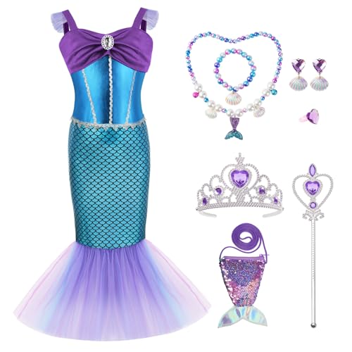 AYBUY Disfarce de sereia para crianças com acessórios: Colar e varinha de fada - vestido de luxo de princesa para cosplay