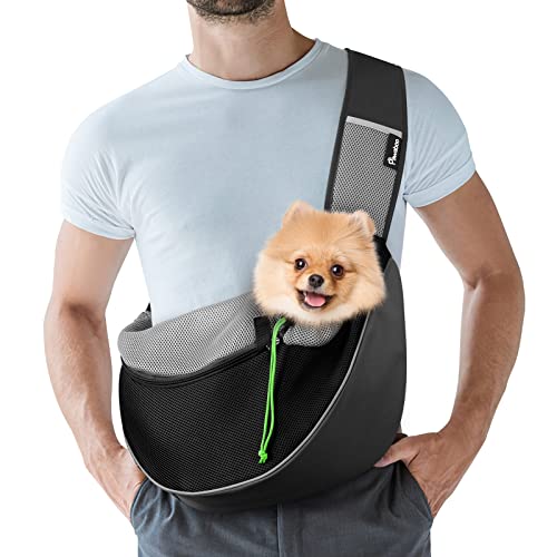 Pawaboo Bolsa de tiracolo para cães, bolsa portátil para animais de estimação com alça ajustável e bolsos, mala de mensageiro respirável confortável com para cães gatinhos para viajar, L, preto
