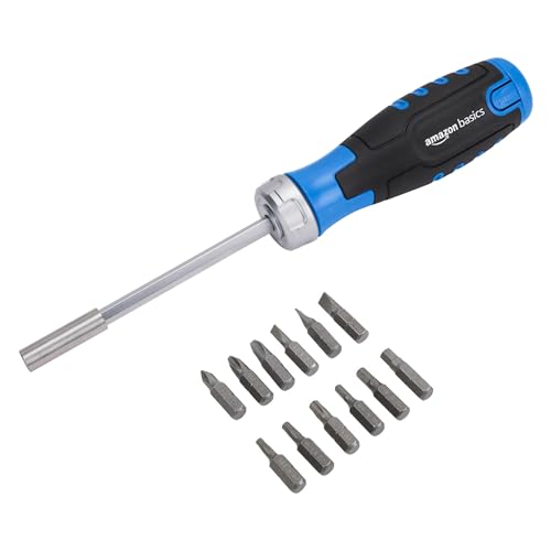 Amazon Basics Chave de fenda com catraca, magnética, 12 unidades, embalagem de 1, prateado, azul, preto