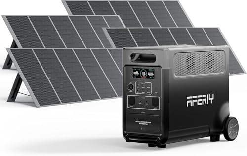AFERIY Gerador solar de 3600 W com 4 painéis solares de 400 W, bateria portátil LiFePO4, 220 V-240 V, painel solar dobrável com USB, IP65, para campismo, viagens, corrente