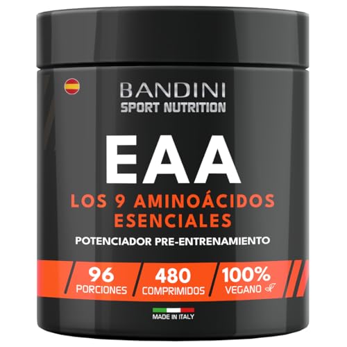 Bandini® EAA Aminoácidos essenciais 480 tábuas - Com 9 Ácidos essenciais - pré, intra e pós-treino - complemento alimentar para o desporto - comprimidos - 96 doses - Vegan, sem açúcar