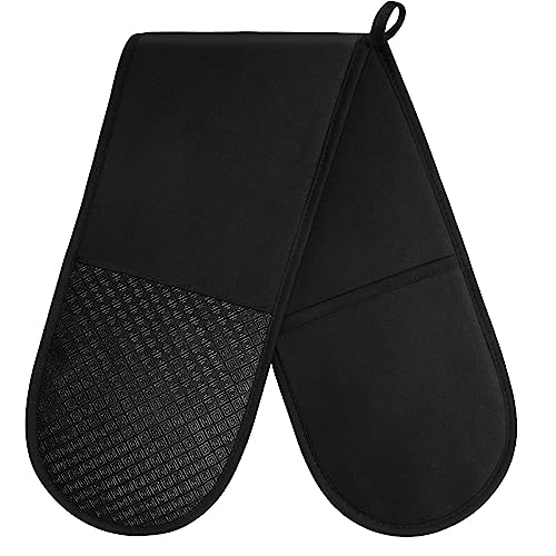 AUAUY Luvas de forno duplas, luvas duplas para forno 250 °C/472 °F resistentes ao calor, luvas de forno, silicone antiderrapantes luvas de forno duplas com cordas para forno, cozinha pretas