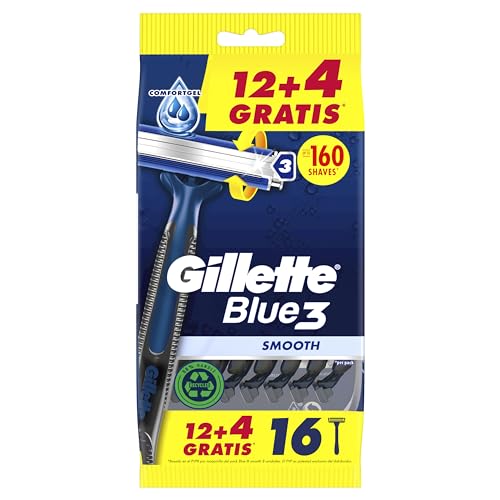 Gillette Blue3 Smooth máquinas descartáveis para homem, três folhas de barbear com cabeça pivotante de 40° e faixa de lubrificante, 12 + 4 grátis (Total 16 unidades)