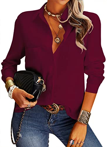 NONSAR Blusa casual elegante para mulher com decote em V, manga comprida e botões, estilo casual e de vestir, corte solto, cor lisa