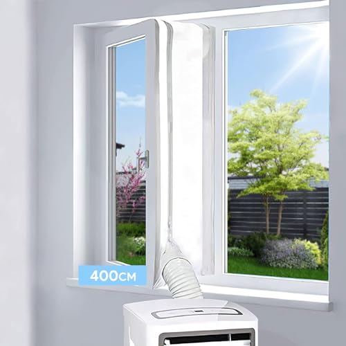 EGNBU Selo de janela universal de 400 cm, kit de janela portátil para ar condicionado e secadora de móveis, fecho de correr duplo, fácil de montar, protetores de troca de ar
