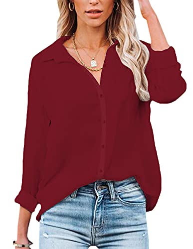 NONSAR - Blusa feminina de manga comprida e gola em V, com botões, elegante, casual, para o trabalho