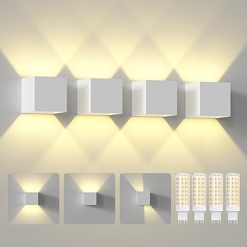 4 peças aplique exterior parede 7 W candeeiro de parede LED, com feixe de luz ajustável, candeeiro de parede IP65 preto, com lâmpada LED G9 substituível, capa branca