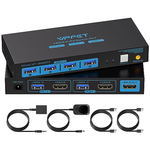 USB3.0 HDMI KVM Switch 4K60Hz Interruptor KVM 2 computadores que compartilham 1 monitor e 4 dispositivos USB por exemplo rato teclado impressora com controlador de extensão externa com cabo 2 cabos