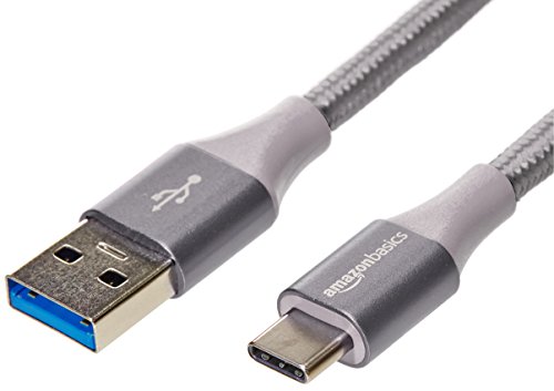 Amazon Basics Cabo USB-C para USB-A 3,1 Gen 2 de nylon duplo entrançado (certificado USB-IF), suporta alta transferência de dados de até 10 Gbps, 0,9 m/3 pés, cinzento escuro