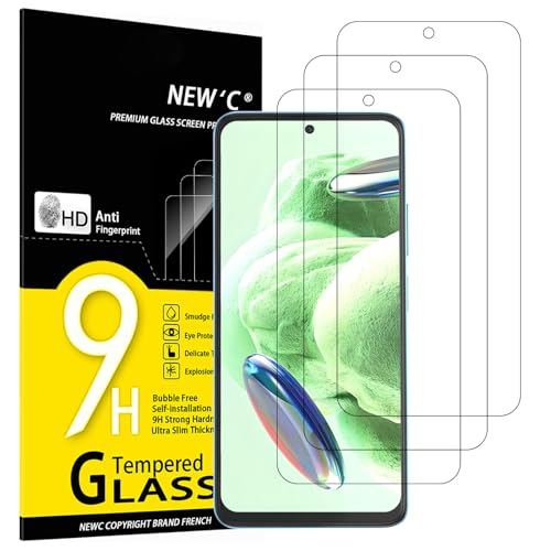 NEW'C 3 peças, protetor de ecrã para Xiaomi Redmi Note 12 5G /4G, vidro temperado anti-riscos, anti-impressões digitais, sem bolhas, dureza 9H, 0,33 mm ultra transparente, ultra resistente
