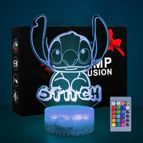 Hoofun Candeeiro Stitch: Luz noturna Stitch Anime 3D ilusão de 16 cores com controlo remoto, presentes e marchandising de Stitch para decoração de quarto infantil, aniversário de meninas, Natal