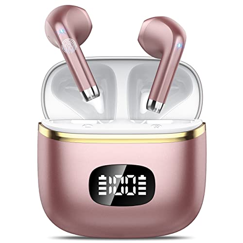 POMUIC Auriculares sem fios Bluetooth 5.3 com 4 HD micro HiFi estéreo, capacetes sem fios Bluetooth controlo tátil, ecrã LED de reprodução de 40H, IPX7 impermeável, ouro rosa