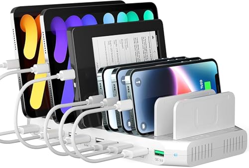 SUIDEK Estação de carregamento de vários dispositivos, estação de carregamento rápido de 10 portas para vários dispositivos com divisores ajustáveis compatíveis com tablets, smartphones, 60 W