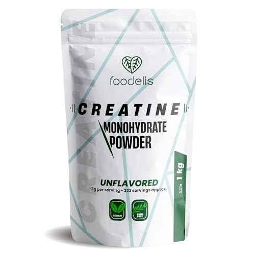 Foodelis Creatina monohidratada em pó 1 kg/333 doses, 100% creatina monohidrato micronizada - sem sabor - pura e sem aditivos - Não-OGM - alta solubilidade, inclui doseadores