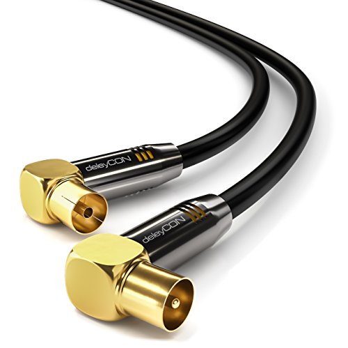 deleyCON 1 m TV Cabo de antena HDTV Full HD 2x em ângulo cabo coaxial - tomada de TV (90° graus) para tomada de TV (90° graus) tampa de metal - preto