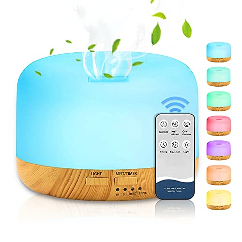DASIAUTOEM Humidificador óleos essenciais, humidificador de aromaterapia ultra-sónica de 450 ml, difusor silencioso purificador de ar com controlo remoto 7 cores LED para casa bebé escritório hotel