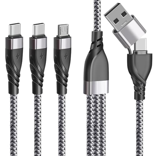 Multi cabo de carregamento, [1,2 m] cabo múltiplo carregador 5 em 1 nylon com 2 cabo USB C+ micro USB portas, multicabo de carregamento rápido para Android Samsung Galaxy, Huawei, Honor, Phone 16 15