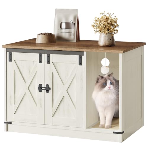Hzuaneri Armário para gatos, armário de areia gatos, armário para caixa de areia oculta com sino para gato, casa para gato interior 80 x 50 x 53 cm, para quarto, castanho rústico e branco CB82414X