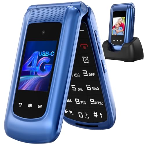 4G Telefone móvel para idosos livre com teclas grandes, duplo SIM ecrã LCD, fácil de usar telemóvel idosos com botão SUS, cabo USB C, bateria 1000 mAh, base carregador (azul)