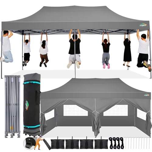 COBIZI Tenda dobrável 3 x 6 com parede lateral, impermeável tenda dobrável, tendas para exteriores, pérgolas para jardim, festas de acampamento, praia (3 por 6 m, cinzento)