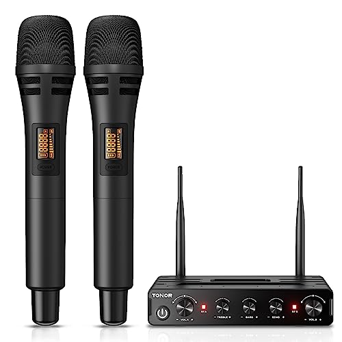 TONOR Microfone sem fio, duplo Mic UHF sistema de microfone dinâmico de mão com receptor, compatível com amplificador, sistema PA, para karaoke doméstico, casamento, DJ, festa, igreja, TW350, preto