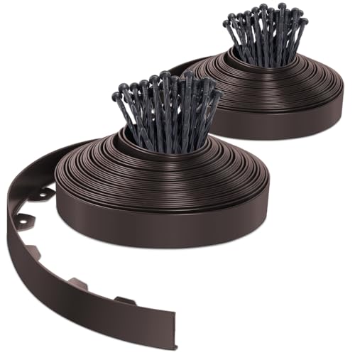 VOUNOT® Borda jardim relvado borda flexível de PVC, delimitadores de bordas para jardim, borda exterior para a terra, parteiras com 80 pinos, comprimento 40 m altura 5 cm, castanho