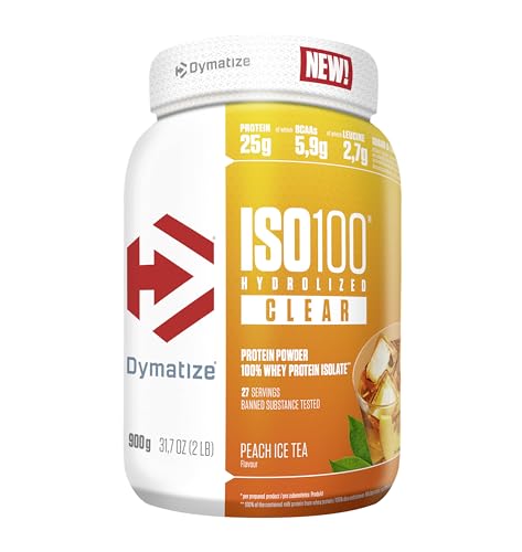 Dymatize ISO 100 Hydrolyzed Clear Peach Ice Tea 900 g Hidrolizado de proteína de soro transparente isolado em pó