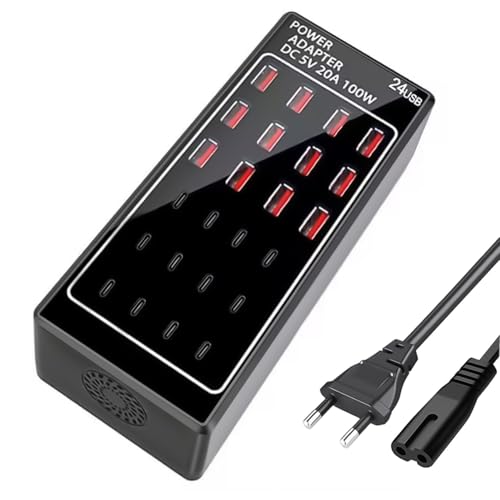 USB Charger Multiple, carregador USB C, fonte de alimentação USB C de 24 portas 100 W (20 A), estação de carregamento USB, carregador rápido para vários dispositivos For iPhone/Samsung/Xiaomi